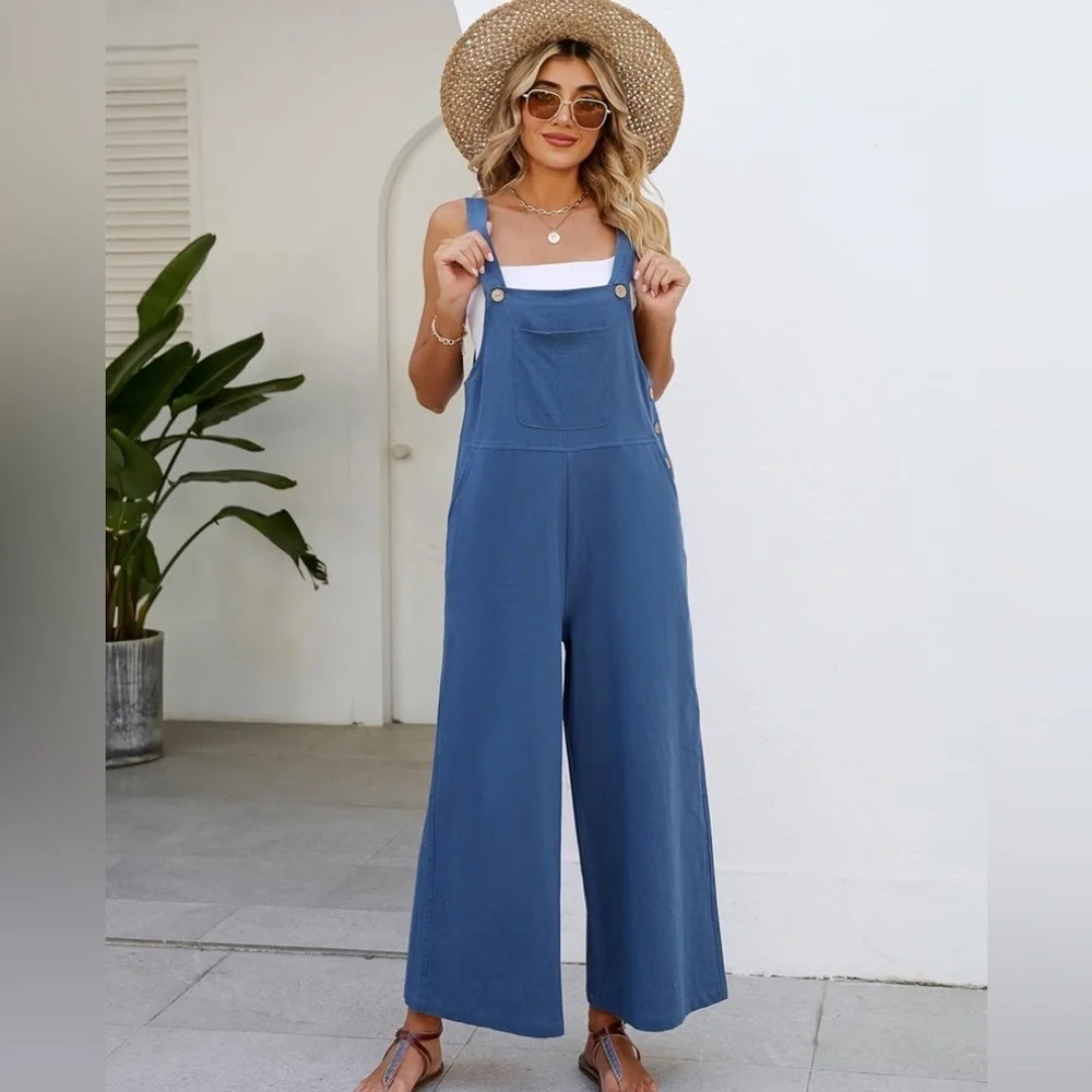 Baggy Comfy Overalls Casual Cotton Loose Fit Wide Leg Jumpsuit Adjustable Strap - Picture 2 of 10